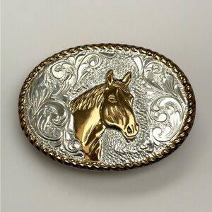 Vintage Metal Belt Buckle Silver Crumrine El Arturo Bronze Horse.